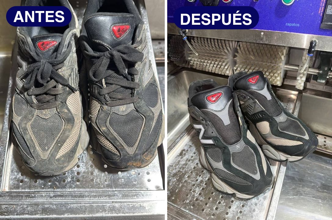 Antes y después de unos New Balance 9060 negro con gris cubiertos de tierra