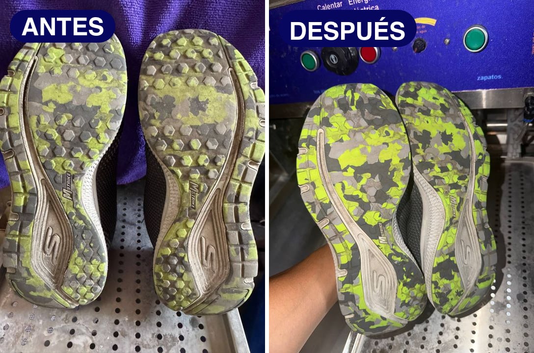 Antes y después de la suela camuflada de unos Skechers GO RUN con tierra